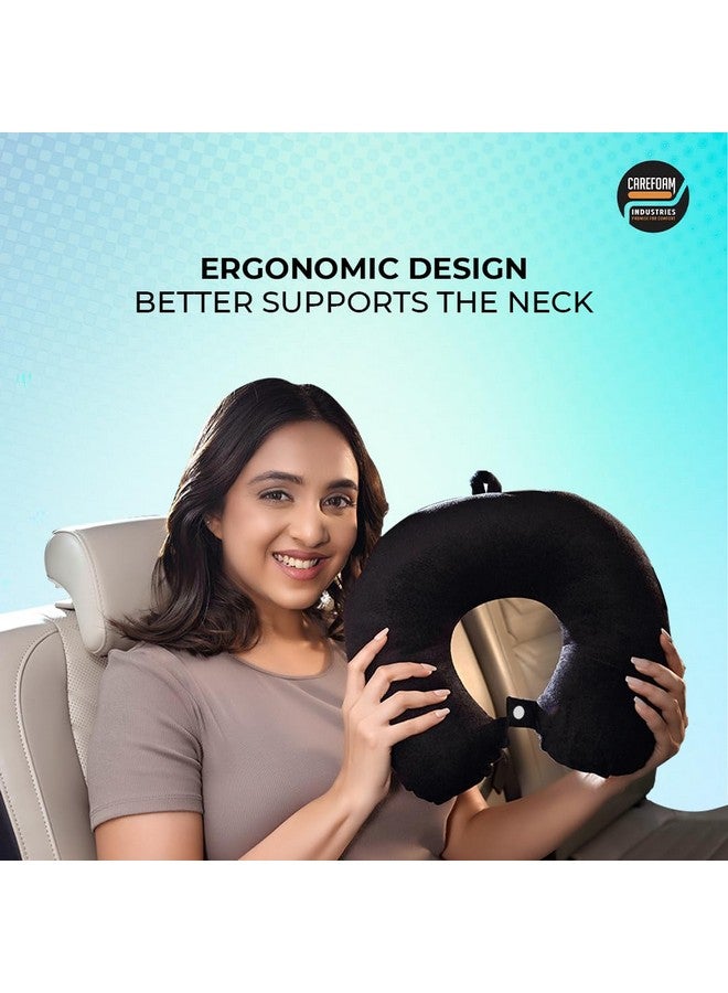 CareFoam وسادة عنق CareFoam للسفر في الطائرة/السيارة/القطار للنوم، دعم العنق | وسادة سفر خفيفة الوزن للرجال والنساء بغطاء خارجي من المخمل الفاخر (أسود) - Image 4