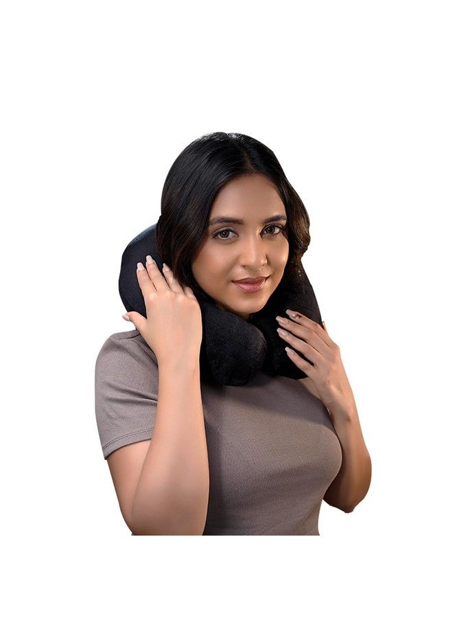 CareFoam وسادة عنق CareFoam للسفر في الطائرة/السيارة/القطار للنوم، دعم العنق | وسادة سفر خفيفة الوزن للرجال والنساء بغطاء خارجي من المخمل الفاخر (أسود) - Image 1