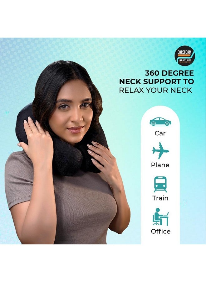 CareFoam وسادة عنق CareFoam للسفر في الطائرة/السيارة/القطار للنوم، دعم العنق | وسادة سفر خفيفة الوزن للرجال والنساء بغطاء خارجي من المخمل الفاخر (أسود) - Image 3