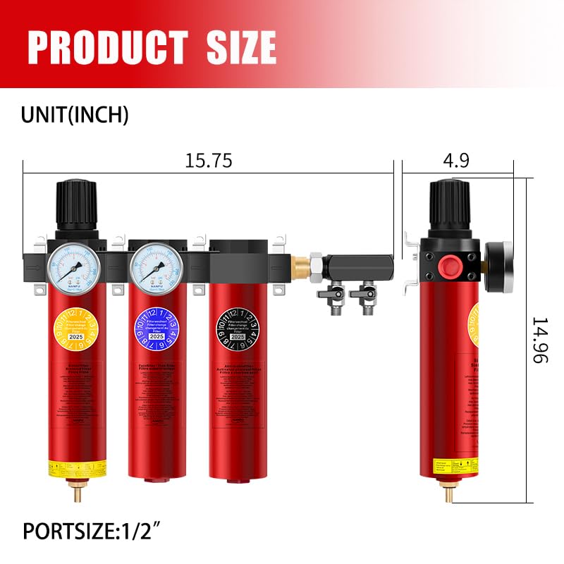 NANPU Z Series 3-Stage Air Filtration System - Sintered, Fine, & Charcoal Filters, 1/2" NPT Inlet, 1/4" NPT Outlet Module, 0-230 psi Gauge, 127 CFM @ 6 bar, Metal Housing, Heat Resistant to 248°F - Image 3