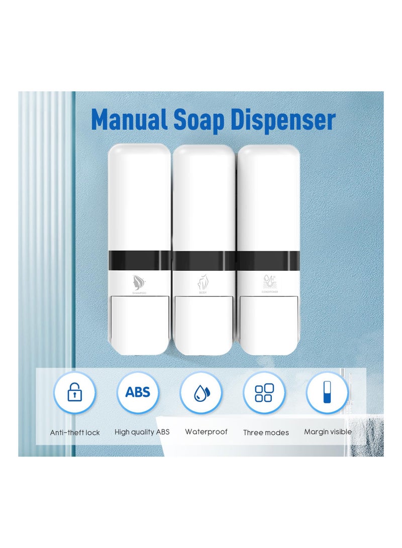 SYOSI Shower Soap Dispenser Wall Mount Hand Liquid Shampoo Shower Gel Manual Dispenser Chamber No-Drill Wall Mounted Bathroom Shower Pump Dispenser for Bathroom Kitchen Office Home Hotel 3x250ml - Image 2
