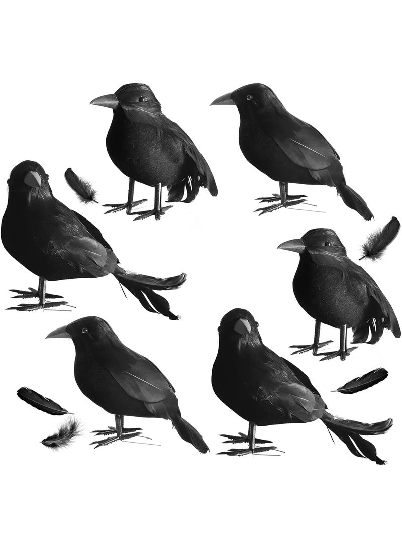 جورونب 6 عبوات من غراب الهالوين الأسود ذو الريش الحقيقي، غراب واقعي مصنوع يدويًا مع ريش حقيقي لطيور الغراب للفناء والشجرة والحديقة والفناء الداخلي والخارجي لديكورات الهالوين - Image 1
