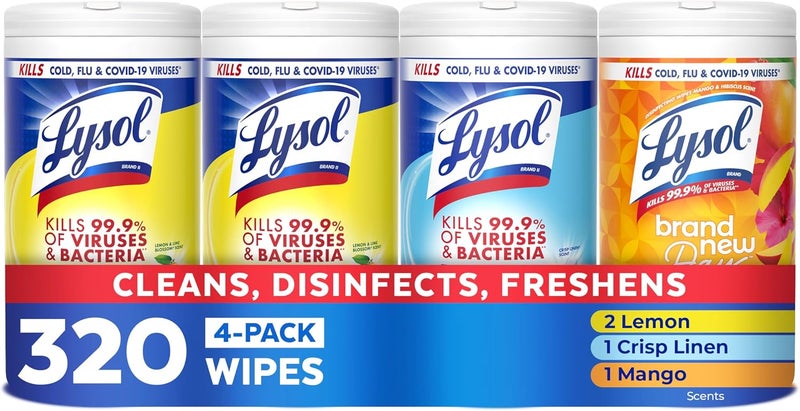 Lysol Disinfecting Wipes, All Purpose Cleaner, Multi-Surface Antibacterial Cleaning Wipes, Household Cleaning Supplies, Dorm Essentials, Lemon + Mango & Hibiscus + Crisp Linen Scent, 80 ct. (4 Pack) - Image 1