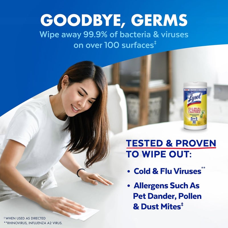 Lysol Disinfecting Wipes, All Purpose Cleaner, Multi-Surface Antibacterial Cleaning Wipes, Household Cleaning Supplies, Dorm Essentials, Lemon + Mango & Hibiscus + Crisp Linen Scent, 80 ct. (4 Pack) - Image 2