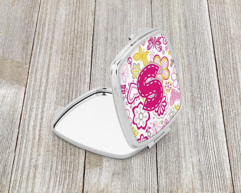 Caroline's Treasures CJ2005-SSCM Letter S Flowers and Butterflies Pink Compact Mirror Decorative Travel Makeup Mirror for Women Girls Gifts Pocket Makeup Mirror Folding Handheld - Image 2