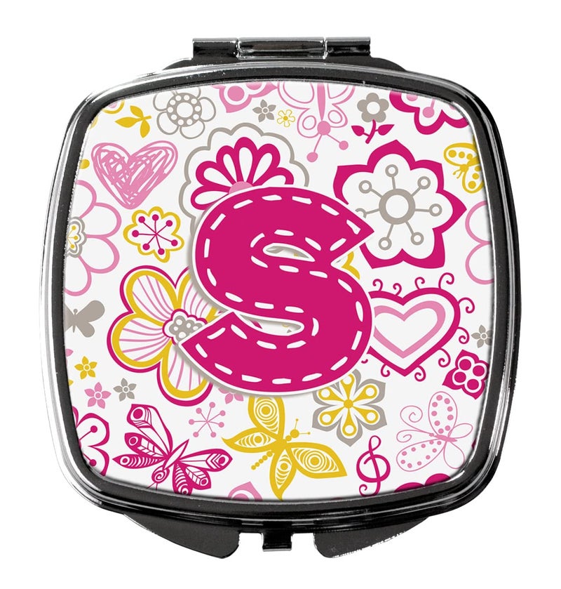 Caroline's Treasures CJ2005-SSCM Letter S Flowers and Butterflies Pink Compact Mirror Decorative Travel Makeup Mirror for Women Girls Gifts Pocket Makeup Mirror Folding Handheld - Image 1