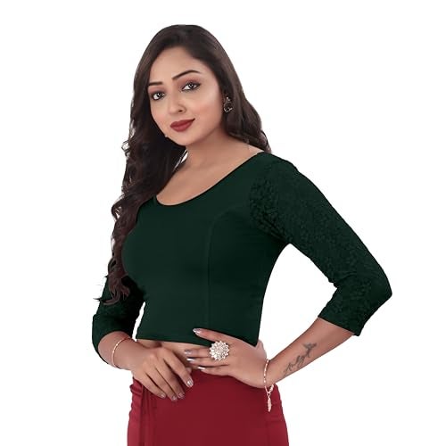 DESI GIRL - Round Neck Cotton Lycra Regular Fit Saree Blouse for Women | 3/4 Net Sleeve Readymade Stretchy Plain Design Festive Blouse Perfect for Saree, Lehenga, Kurti | Dark Green - 32 - Image 2
