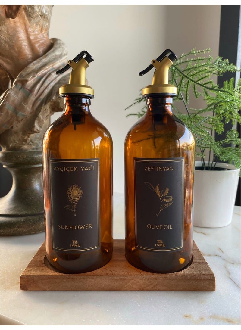 Tamu 2-Piece Wooden Stand Amber Olive Oil Oil Bottle Oil Pot Oil Bowl Gold with Drip-proof Lid 500ML  - Image 1