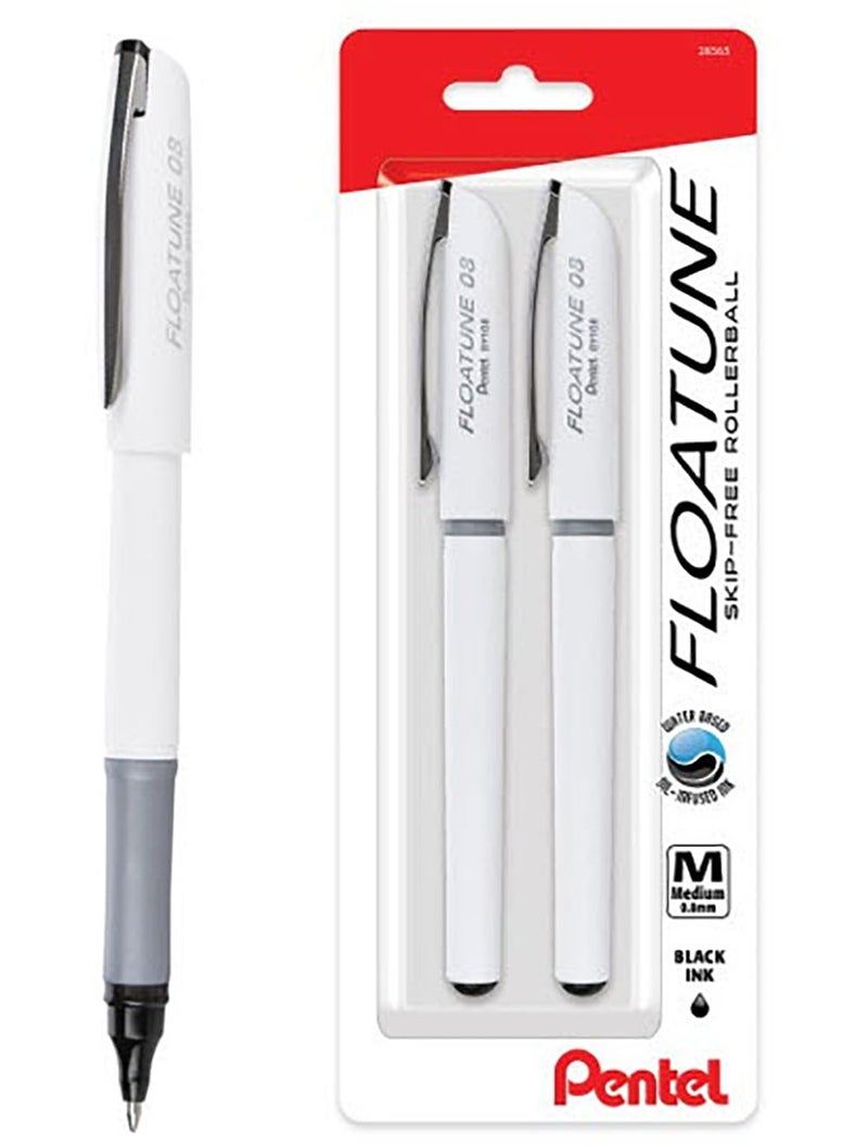 Pentel Floatune Skip-Free Rollerball Pen, 0.8mm Medium Line, Black Ink, 2 Pack - Image 1