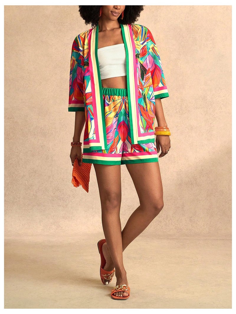 MakeMeChic Women's Tropical Beach Vacation Outfits Summer Two Piece Sets Boho Floral Kimono Tops and Shorts Set Pink and Green Large - Image 5
