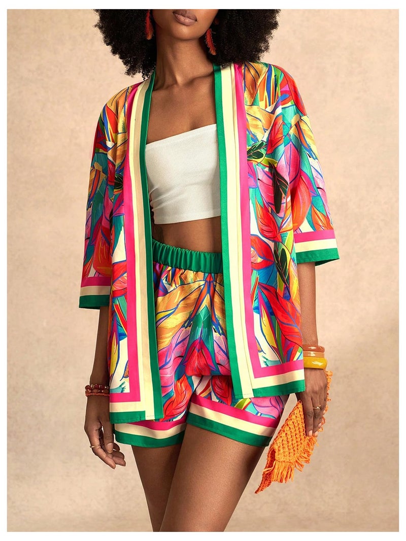 MakeMeChic Women's Tropical Beach Vacation Outfits Summer Two Piece Sets Boho Floral Kimono Tops and Shorts Set Pink and Green Large - Image 2