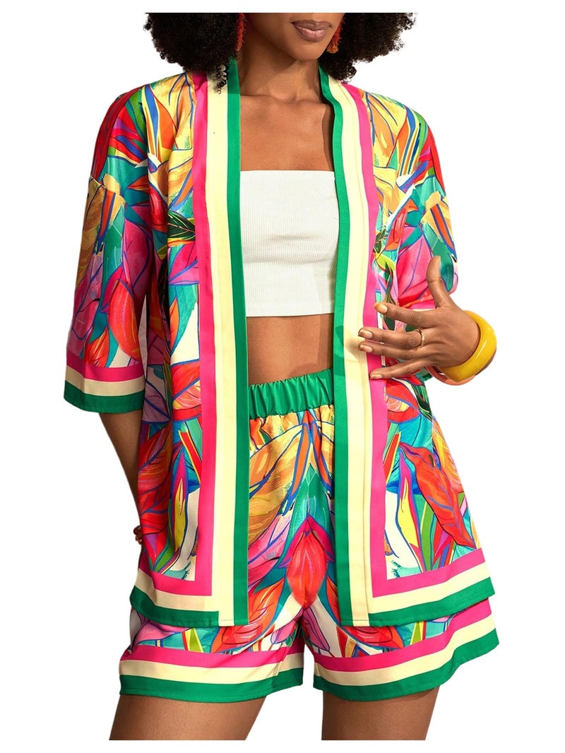MakeMeChic Women's Tropical Beach Vacation Outfits Summer Two Piece Sets Boho Floral Kimono Tops and Shorts Set Pink and Green Large - Image 1