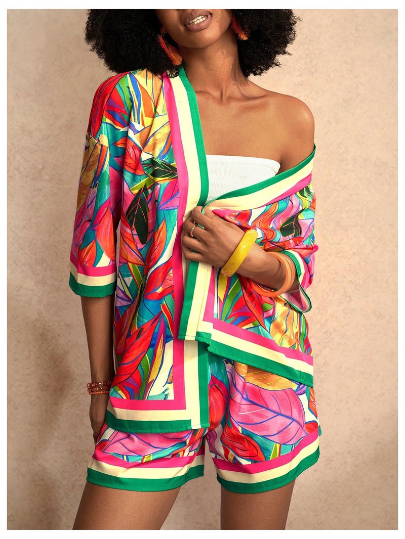 MakeMeChic Women's Tropical Beach Vacation Outfits Summer Two Piece Sets Boho Floral Kimono Tops and Shorts Set Pink and Green Large - Image 4