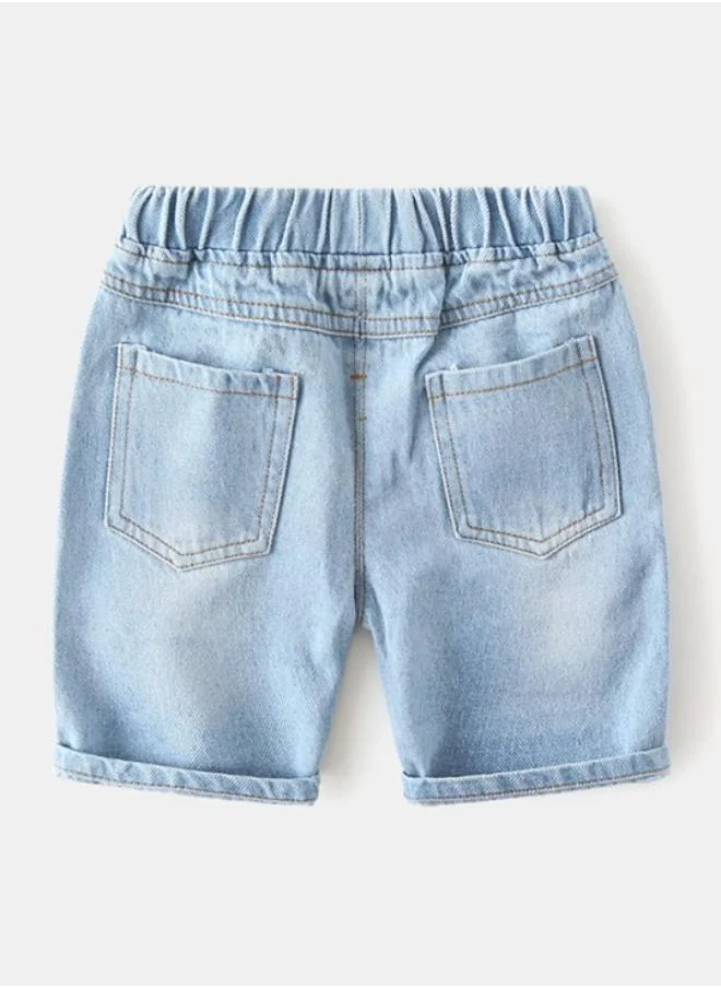 YUNIQEE Blue Regular Fit Mid Rise Printed Denim Shorts