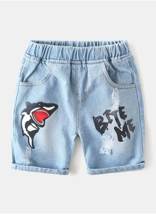YUNIQEE Blue Regular Fit Mid Rise Printed Denim Shorts