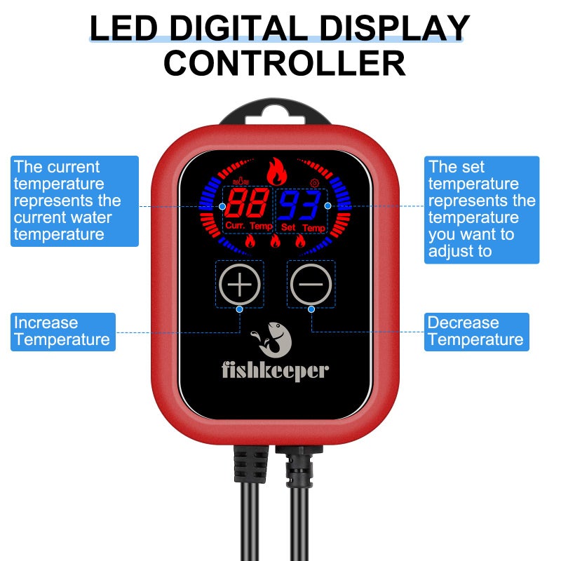 fishkeeper Aquarium Heater, 1000 W Adjustable Fish Tank Heater with Digital Display Controller, Submersible Water Heater with Over-Temperature Protection for Saltwater Freshwater 106-264 Gallon - Image 2