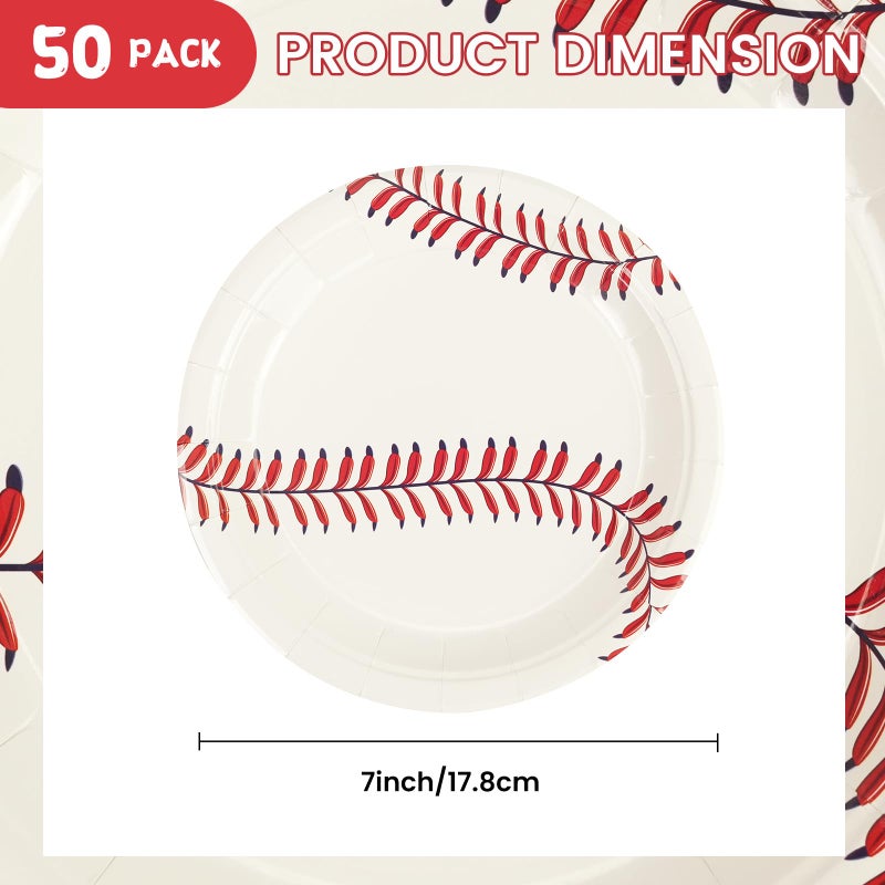PUEVENYI 50PCS Baseball Party Paper Plates - 7Inch Round Baseball Dessert Plates for Cake Salad Fruit Pizza Disposable Themed Decoration Supplies for Fan Sports Event, Birthday Party - Image 2
