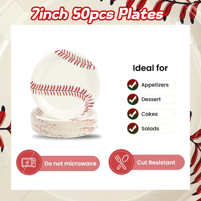 PUEVENYI 50PCS Baseball Party Paper Plates - 7Inch Round Baseball Dessert Plates for Cake Salad Fruit Pizza Disposable Themed Decoration Supplies for Fan Sports Event, Birthday Party - Image 3