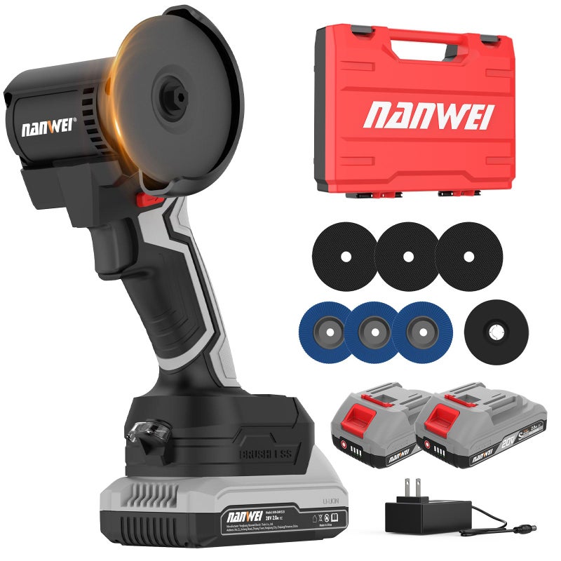 NANWEI 3 Inch Angle Grinder Cordless Brushless With LED Light,Mini Variable Speed Angle Grinder With 2 x 20V 2.0Ah Battery,15000rpm,7Pcs Cutting Discs For Cutting Grinding Polishing (With Batteries) - Image 1