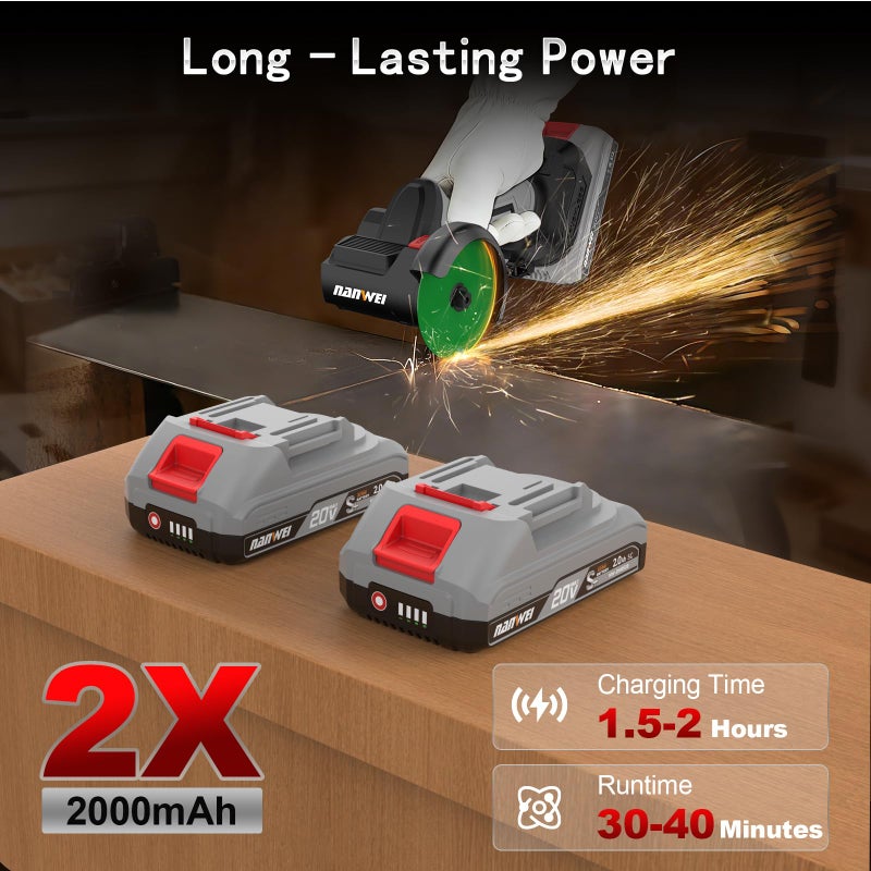 NANWEI 3 Inch Angle Grinder Cordless Brushless With LED Light,Mini Variable Speed Angle Grinder With 2 x 20V 2.0Ah Battery,15000rpm,7Pcs Cutting Discs For Cutting Grinding Polishing (With Batteries) - Image 5