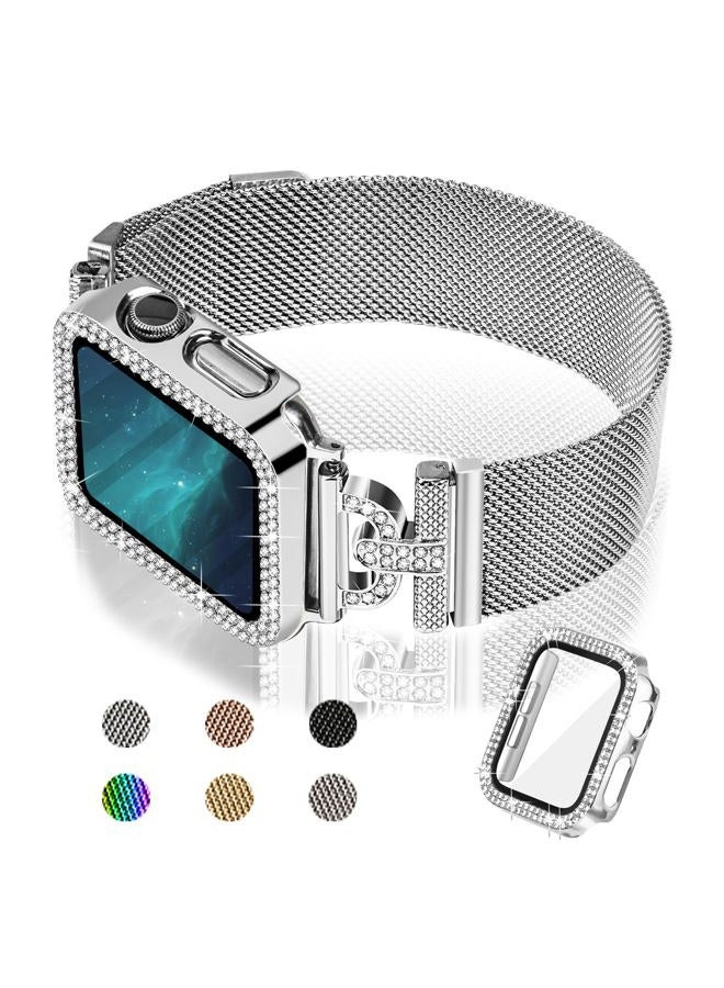 Joyozy Magnetic Band Compatible with Apple Watch Band 38mm 40mm 41mm 42mm 44mm 45mm 46mm Milanese Strap with Bling Case and Screen Protector, Dressy Stainless Steel iWatch Loop for Women (Silver 41mm) - Image 1