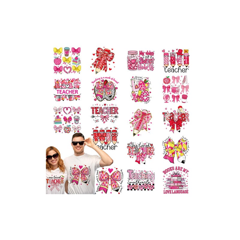 INCOK Teacher Valentine Iron on Transfers - 20 Sheets DTF Transfers Ready to Press Coquettte Bow Heat Decals for Clothing Backpack Hoodie Hat Bag DIY Teacher Valentines Shirts - Image 1