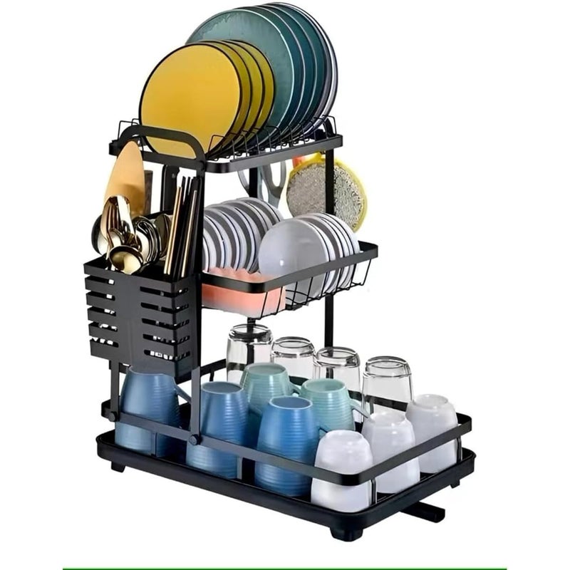 ZAMZIN 3 -Tier Rustproof Dish Drying Rack with Utensil Holder & Water Tray/Large Stainless Steel Wall Mount Kitchen Organizer with Adjustable Drainage for Plates, Bowls, Mugs & Cutlery, Easy to Clean - Image 1