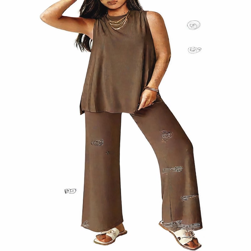 Women Casual Two-Piece Set Sleeveless Vest Wide Leg Pants Summer Outfit - Image 2