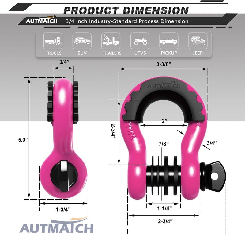 AUTMATCH D Ring Shackle 3/4" Shackles (2 Pack) 41,887Ibs Break Strength with 7/8" Screw Pin and Shackle Isolator Washers Kit for Tow Strap Winch Off Road Vehicle Recovery Pink & Black - Image 3