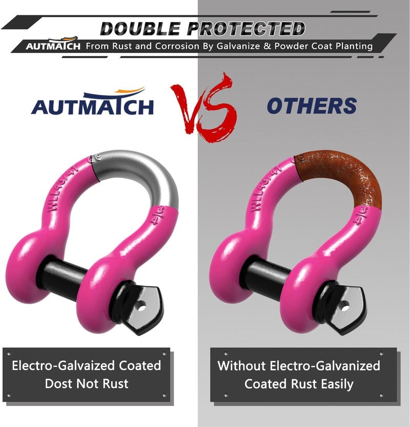 AUTMATCH D Ring Shackle 3/4" Shackles (2 Pack) 41,887Ibs Break Strength with 7/8" Screw Pin and Shackle Isolator Washers Kit for Tow Strap Winch Off Road Vehicle Recovery Pink & Black - Image 5