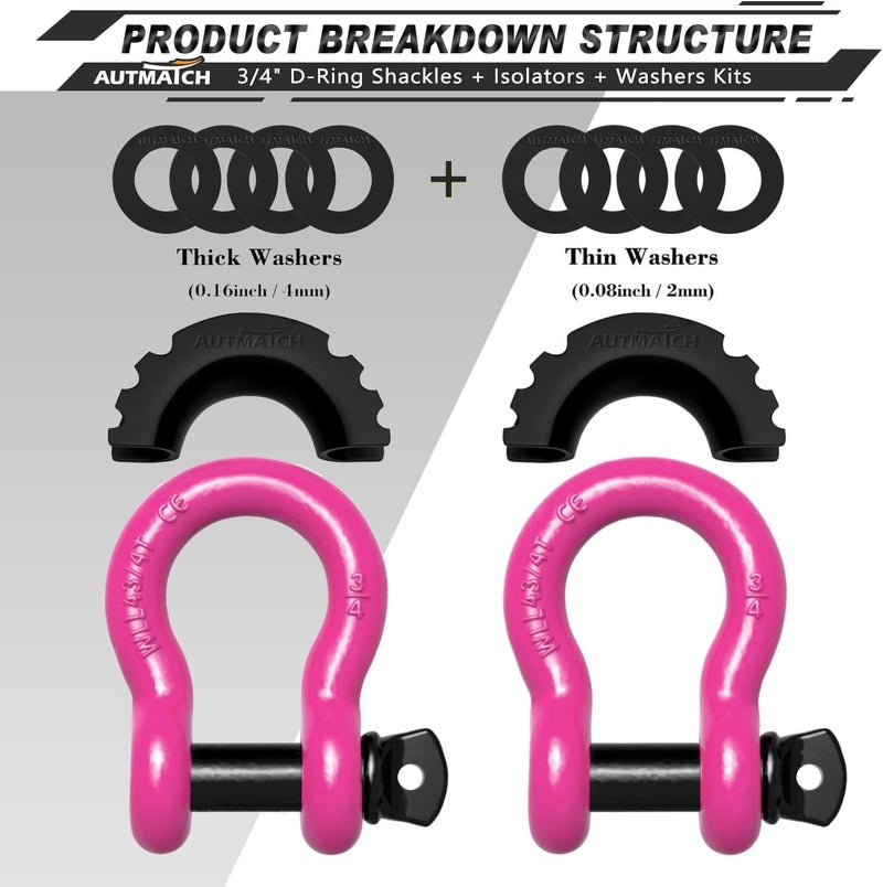 AUTMATCH D Ring Shackle 3/4" Shackles (2 Pack) 41,887Ibs Break Strength with 7/8" Screw Pin and Shackle Isolator Washers Kit for Tow Strap Winch Off Road Vehicle Recovery Pink & Black - Image 2