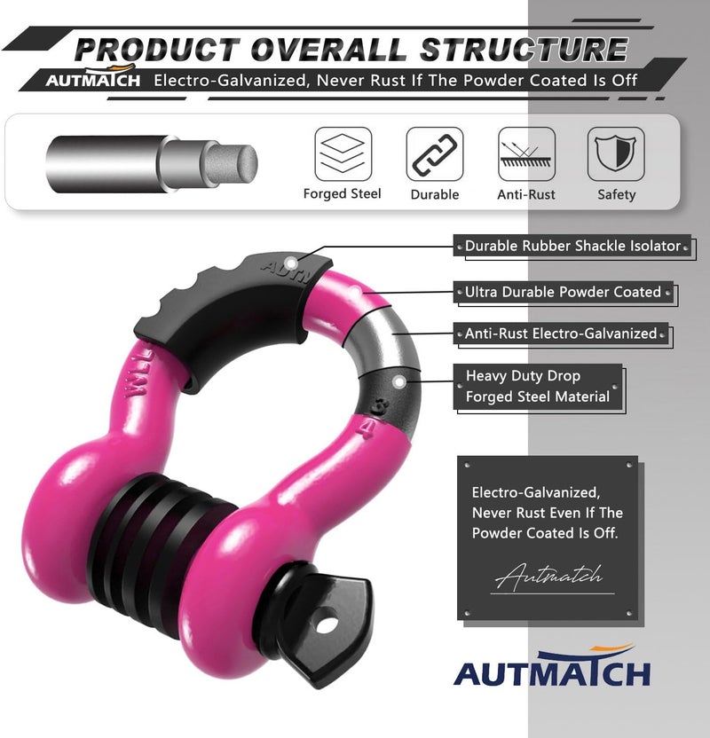 AUTMATCH D Ring Shackle 3/4" Shackles (2 Pack) 41,887Ibs Break Strength with 7/8" Screw Pin and Shackle Isolator Washers Kit for Tow Strap Winch Off Road Vehicle Recovery Pink & Black - Image 4
