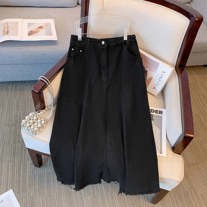 Plus Size Denim Skirt High Waist Side Slit Summer 2024 Black (delivered within 48 hours) 