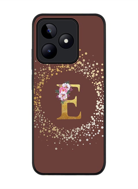 Rugged Black edge case for Realme C51 / Realme Note 50 4G,Custom Monogram Initial Letter Floral Pattern Alphabet - E (Brown)