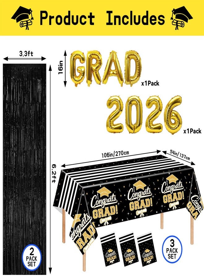 multiwins 7-Pack Graduation Party Decorations Set, 3 Black Gold Graduation Tablecloths 54x108in, 2026 and Grad Balloons, 2 Foil Fringe Curtains for High School College Graduation Party Photo Booth - Image 2