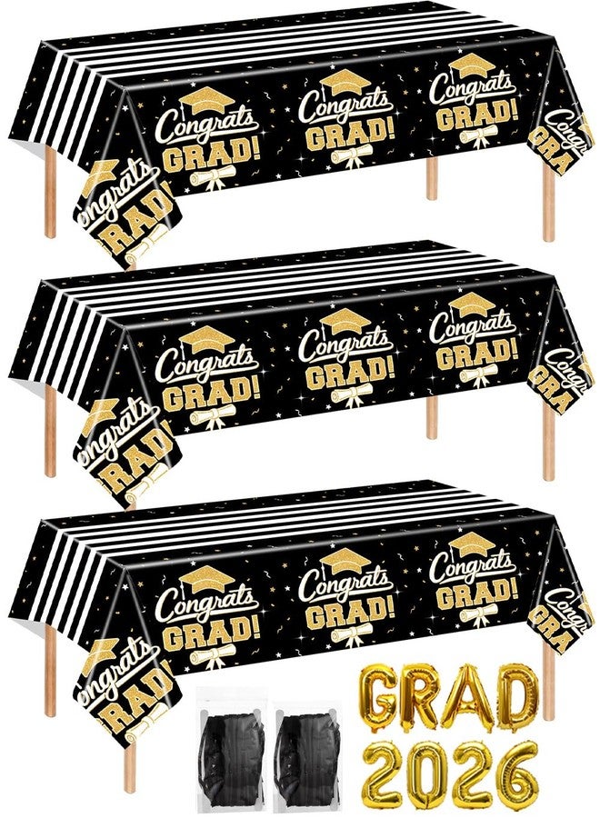 multiwins 7-Pack Graduation Party Decorations Set, 3 Black Gold Graduation Tablecloths 54x108in, 2026 and Grad Balloons, 2 Foil Fringe Curtains for High School College Graduation Party Photo Booth - Image 1
