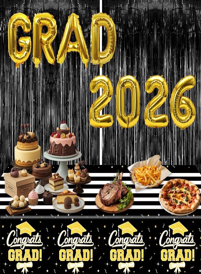 multiwins 7-Pack Graduation Party Decorations Set, 3 Black Gold Graduation Tablecloths 54x108in, 2026 and Grad Balloons, 2 Foil Fringe Curtains for High School College Graduation Party Photo Booth - Image 4