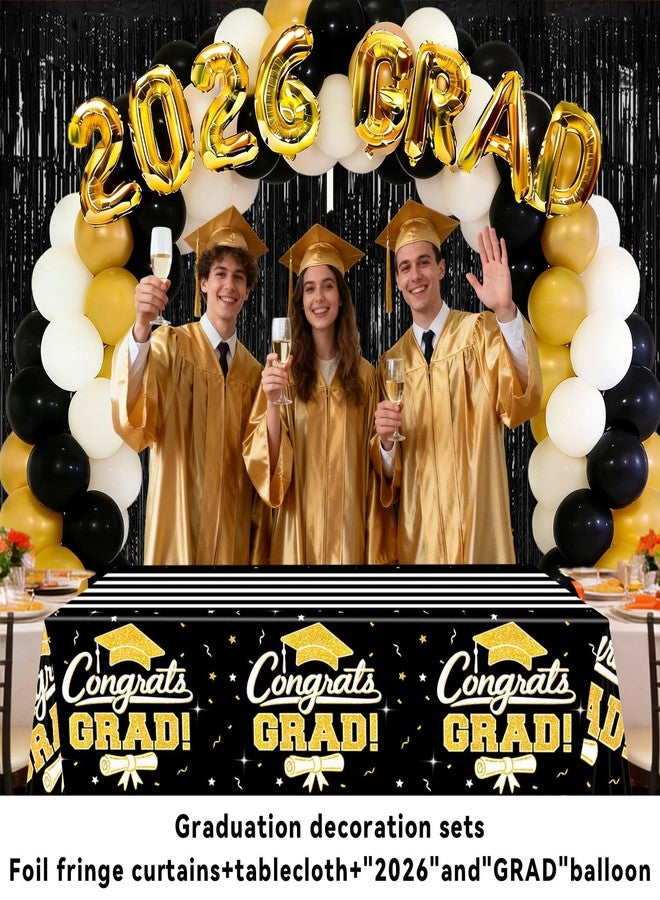 multiwins 7-Pack Graduation Party Decorations Set, 3 Black Gold Graduation Tablecloths 54x108in, 2026 and Grad Balloons, 2 Foil Fringe Curtains for High School College Graduation Party Photo Booth - Image 3