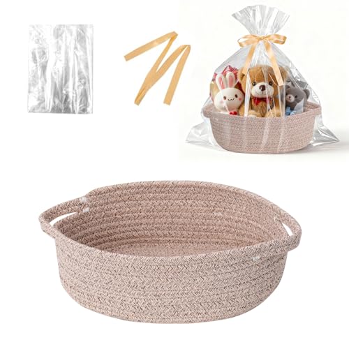 LWYMX Basket for Gifts Empty, Small Woven Basket with Bags and Ribbons, Baby Toy Baskets with Handles, Wicker Storage Bin for Baby Showers or Pet Toy (Brown, 1 Pack (12"x 8"x 3.74")) - Image 1