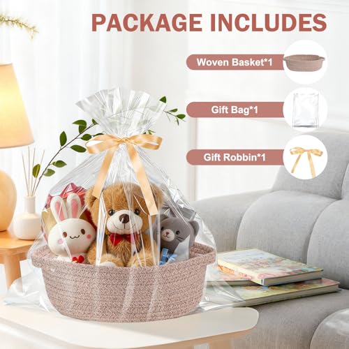 LWYMX Basket for Gifts Empty, Small Woven Basket with Bags and Ribbons, Baby Toy Baskets with Handles, Wicker Storage Bin for Baby Showers or Pet Toy (Brown, 1 Pack (12"x 8"x 3.74")) - Image 4