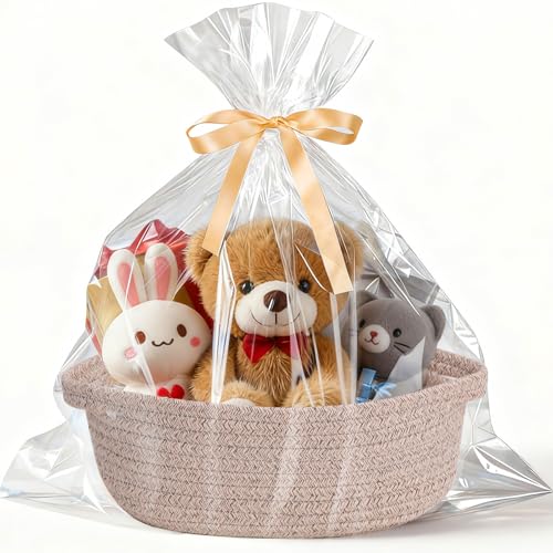LWYMX Basket for Gifts Empty, Small Woven Basket with Bags and Ribbons, Baby Toy Baskets with Handles, Wicker Storage Bin for Baby Showers or Pet Toy (Brown, 1 Pack (12"x 8"x 3.74")) - Image 2