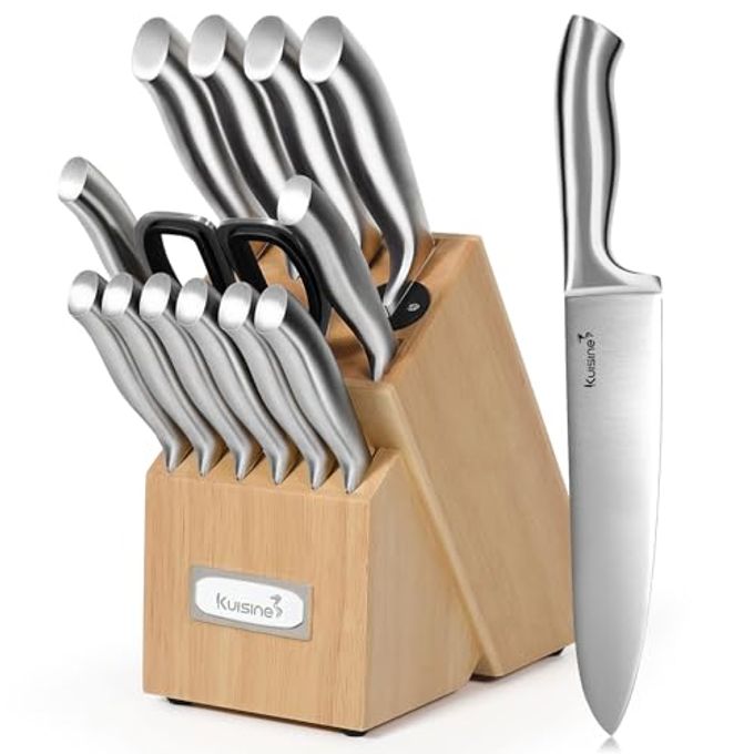 Kuisine Premium Sharp Knife Set Carbon Steel Forged,Ergonomic Handle Knife Block Set,Kitchen Block Knife Set,Chef Knife Set Built-in Sharpener(Silver Pro, 15PCS)