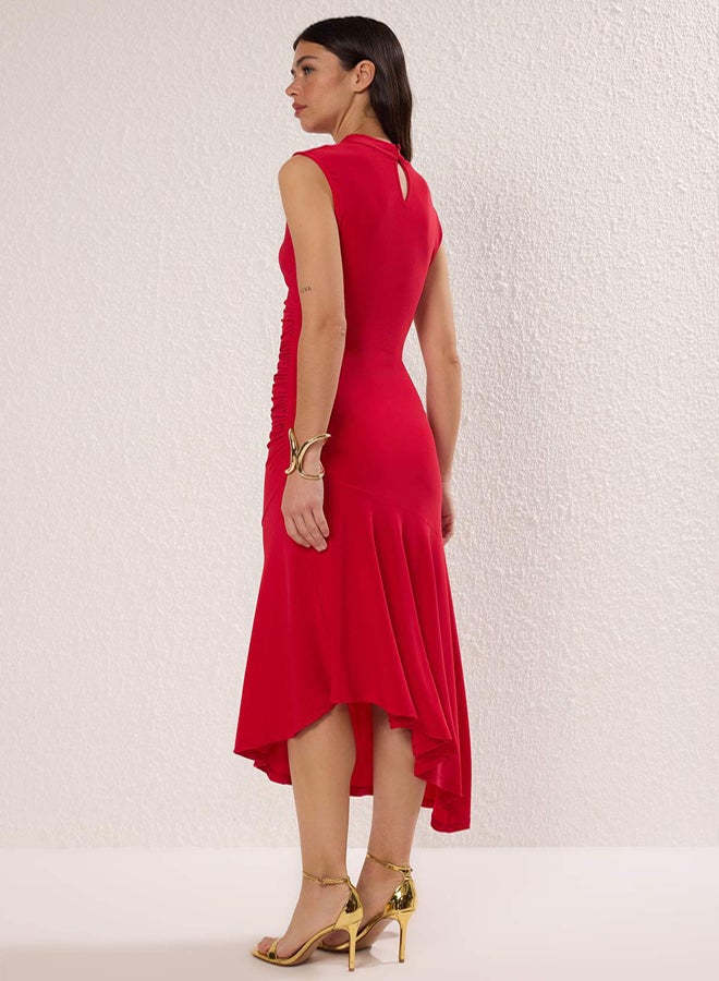 trendyol Red Ruffle Detailed Knitted Elegant Evening Dress Graduation Dress - Image 4