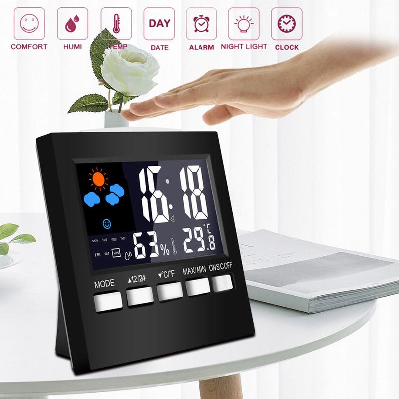 Digital Display Thermometer Humidity Clock Colorful Indoor Outdoor Temperature Monitor Alarm LCD Alarm Calendar Weather with Snooze Function - Image 3