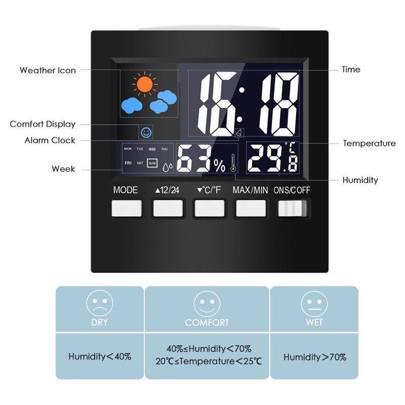 Digital Display Thermometer Humidity Clock Colorful Indoor Outdoor Temperature Monitor Alarm LCD Alarm Calendar Weather with Snooze Function - Image 5