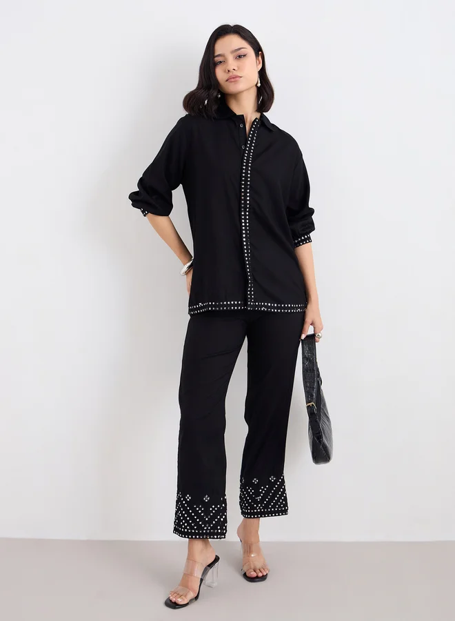 ستايلي Styli Women Black Mirror-Work Longline Shirt and Pants Co-Ords
