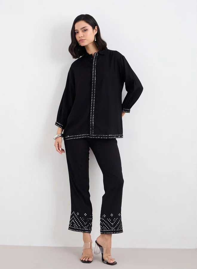 ستايلي Styli Women Black Mirror-Work Longline Shirt and Pants Co-Ords