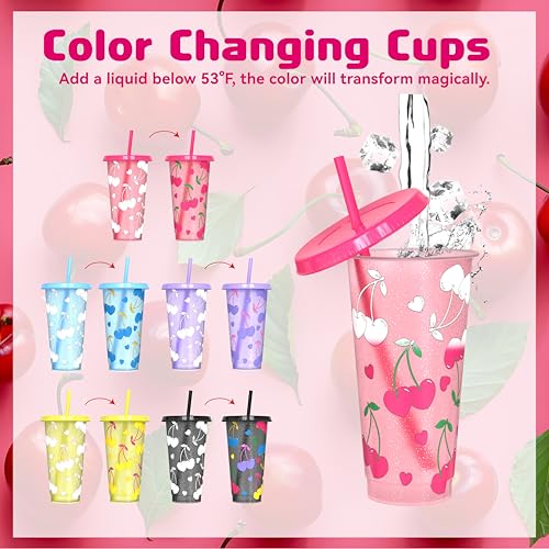 OZMOJOO Color Changing Cups, Plastic Tumblers with Lids and Straws, Reusable Plastic Cups - BPA-Free, Sturdy & Food Safe, Perfect for Iced Coffee, Milkshakes & Smoothies, 5 Pack - Glitter Cherry - Image 2