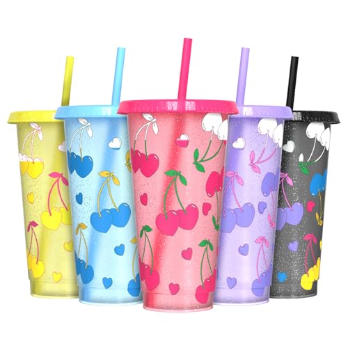OZMOJOO Color Changing Cups, Plastic Tumblers with Lids and Straws, Reusable Plastic Cups - BPA-Free, Sturdy & Food Safe, Perfect for Iced Coffee, Milkshakes & Smoothies, 5 Pack - Glitter Cherry - Image 1