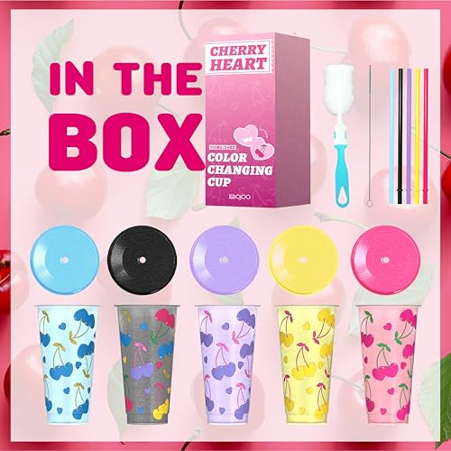 OZMOJOO Color Changing Cups, Plastic Tumblers with Lids and Straws, Reusable Plastic Cups - BPA-Free, Sturdy & Food Safe, Perfect for Iced Coffee, Milkshakes & Smoothies, 5 Pack - Glitter Cherry - Image 4